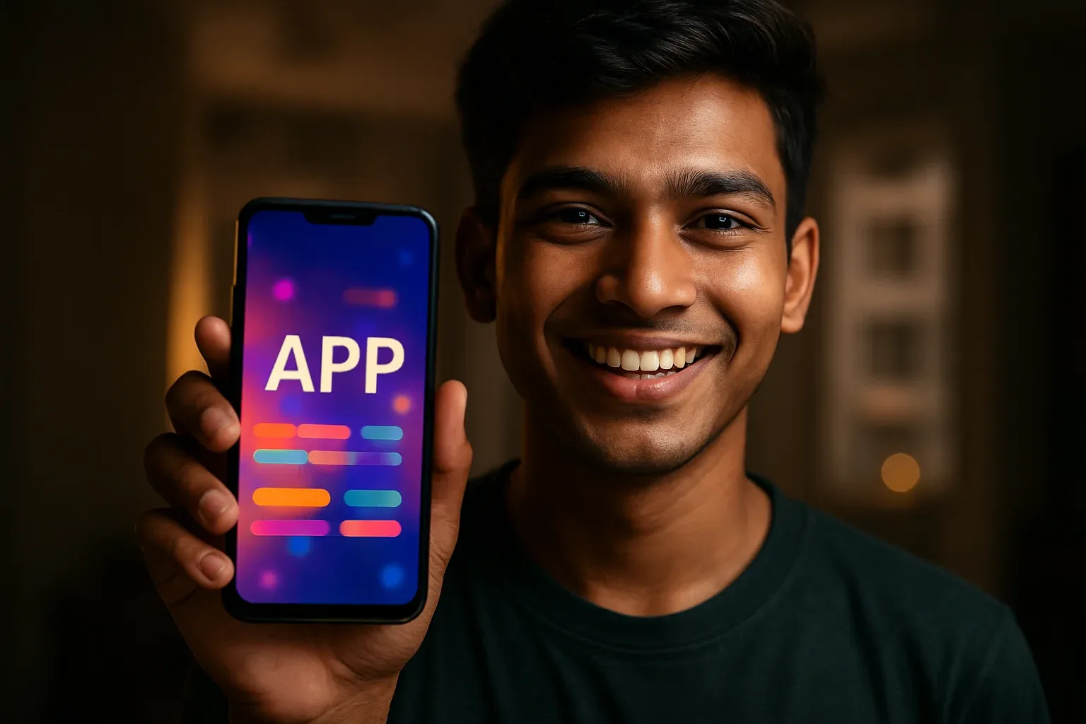 Smiling young Bangladeshi man holding smartphone with glowing app screen facing camera