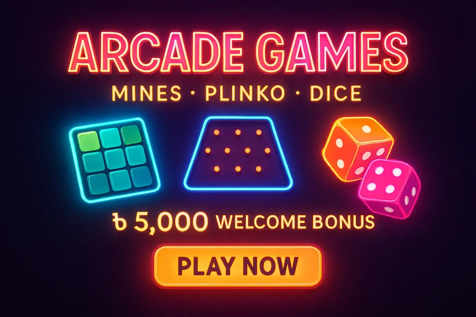 Neon arcade games banner with mines, plinko, dice, and play button