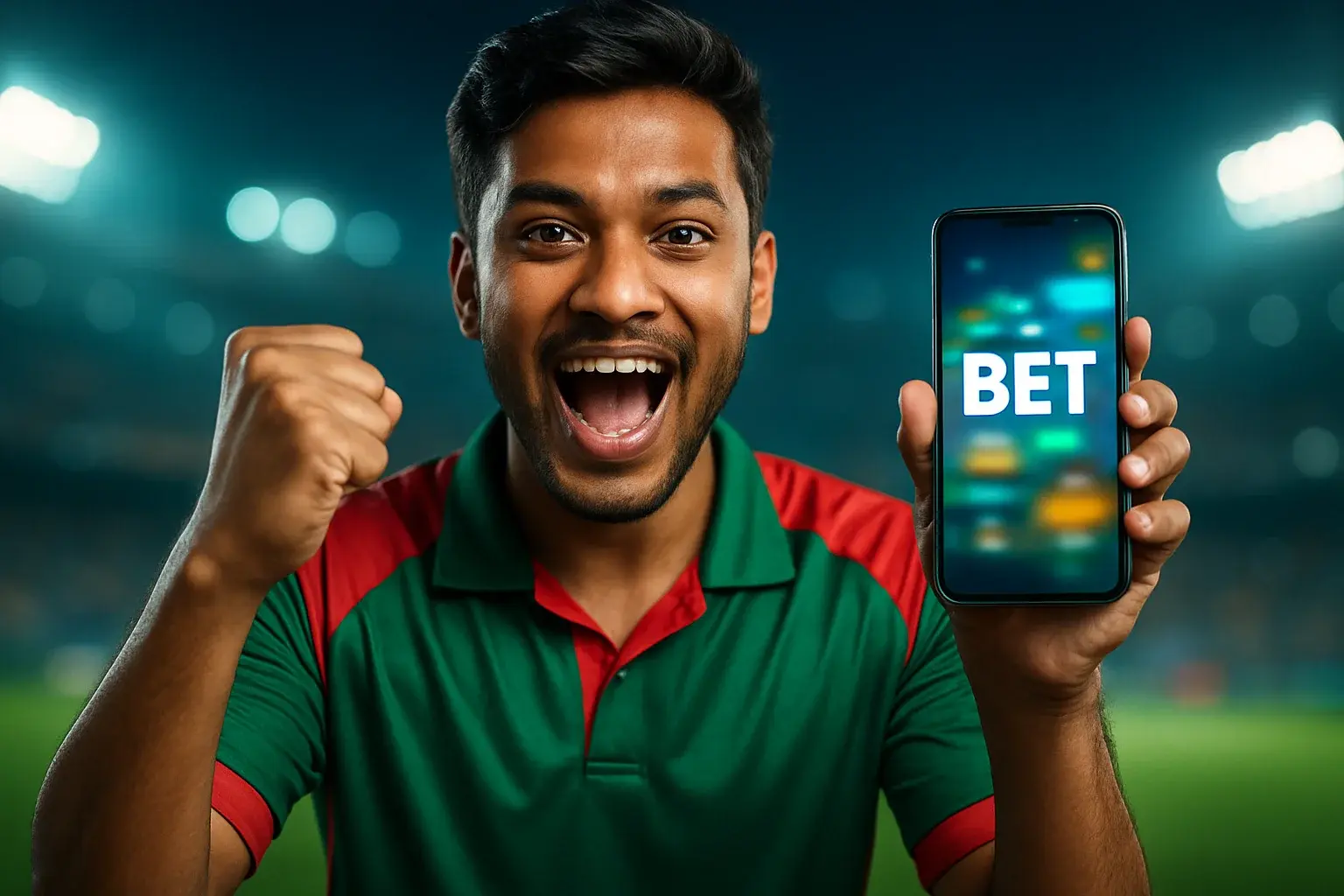 Young Bangladeshi man cheering with smartphone showing sports betting interface