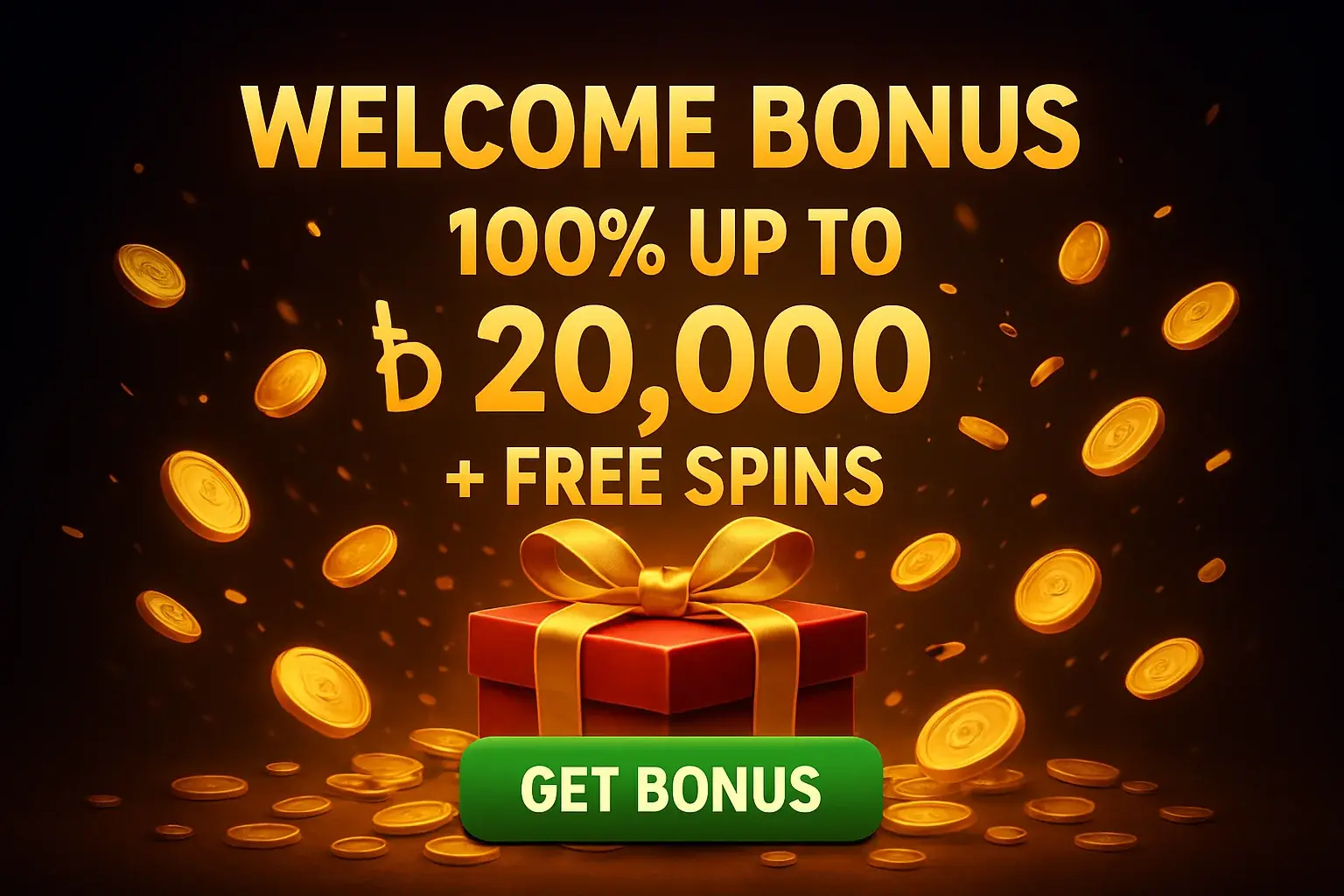 Casino welcome bonus banner with gift box, coins, confetti, and CTA