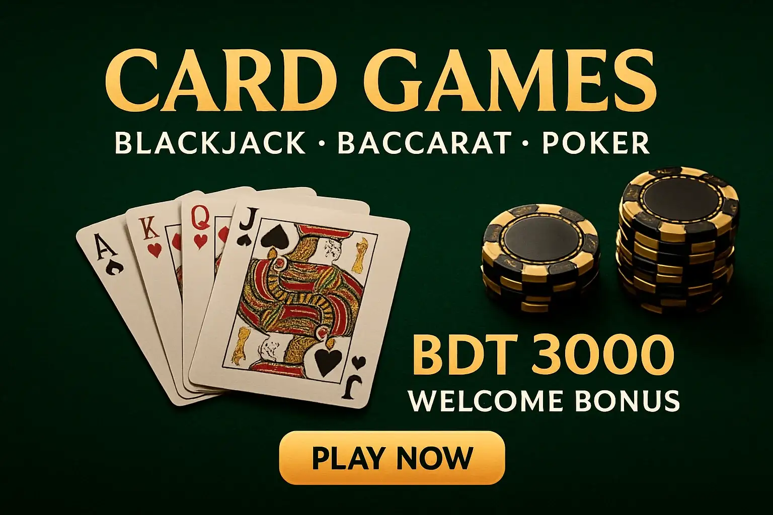 Card games banner with playing cards, chips, bonus offer, and CTA