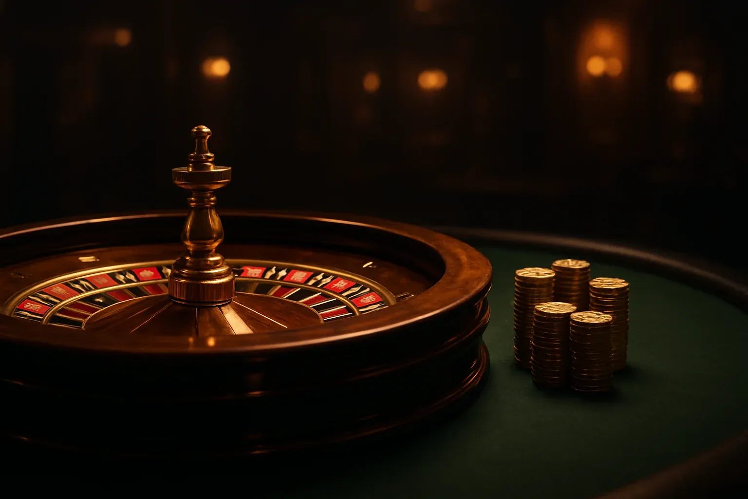 Elegant live casino table with glowing roulette wheel and golden chips