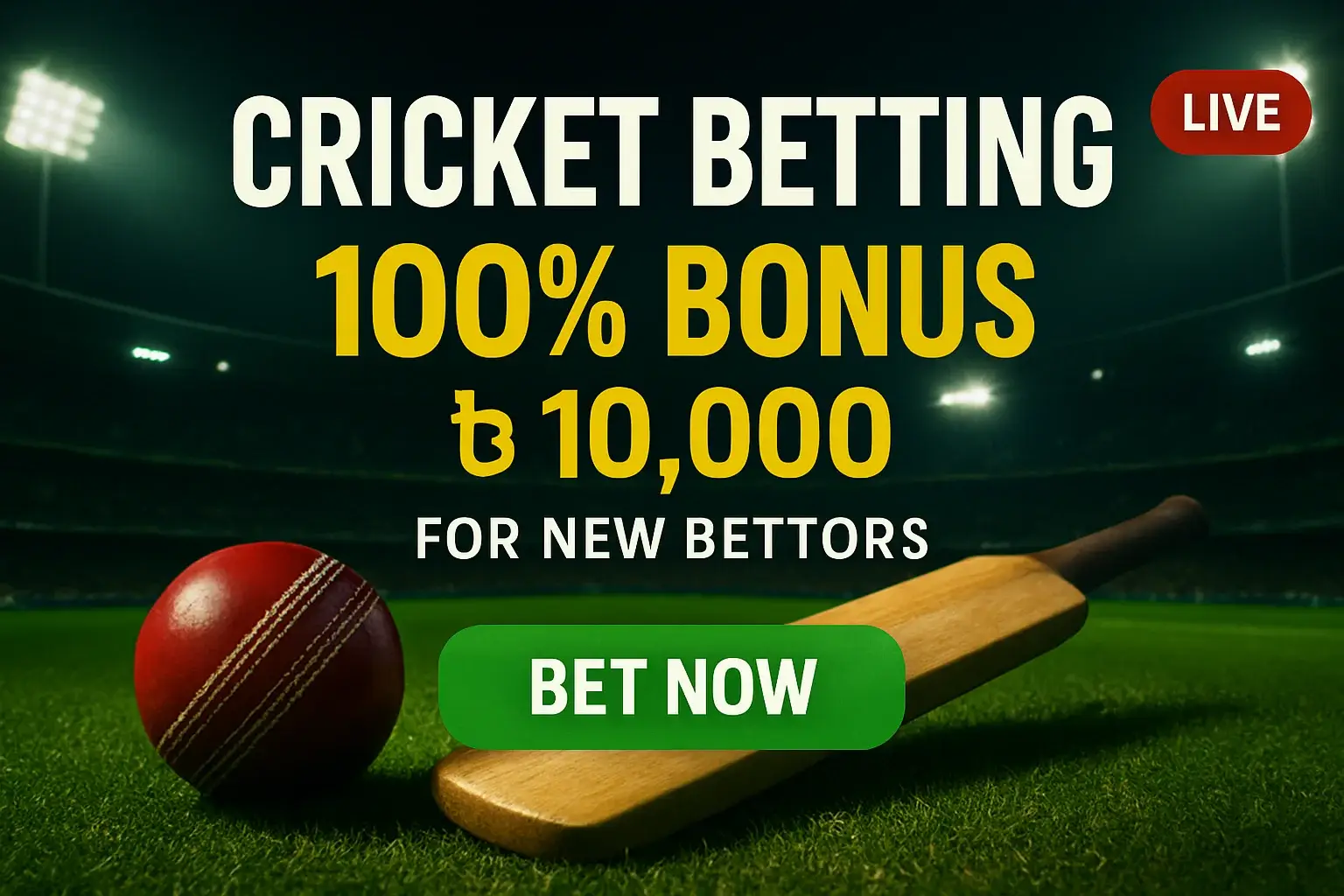 Cricket betting banner with bat, ball, stadium, bonus and CTA