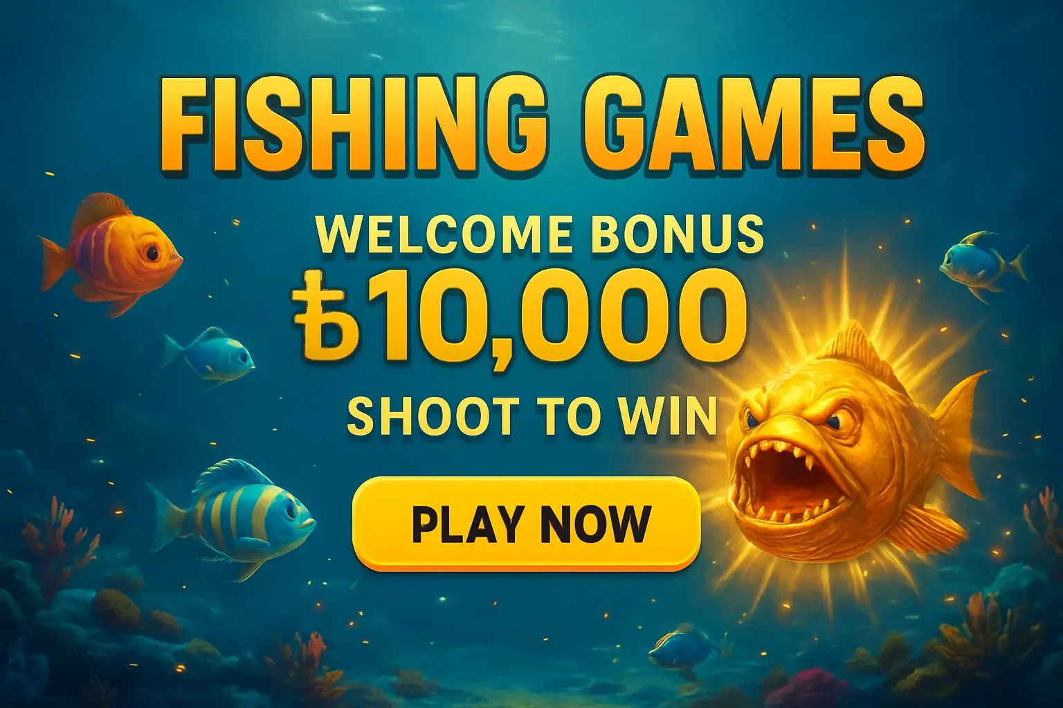 Fishing arcade banner with underwater boss fish, bonus offer, and play button