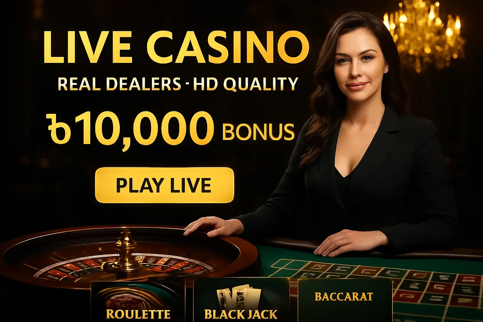 Live casino banner with female dealer, roulette table, gold CTA