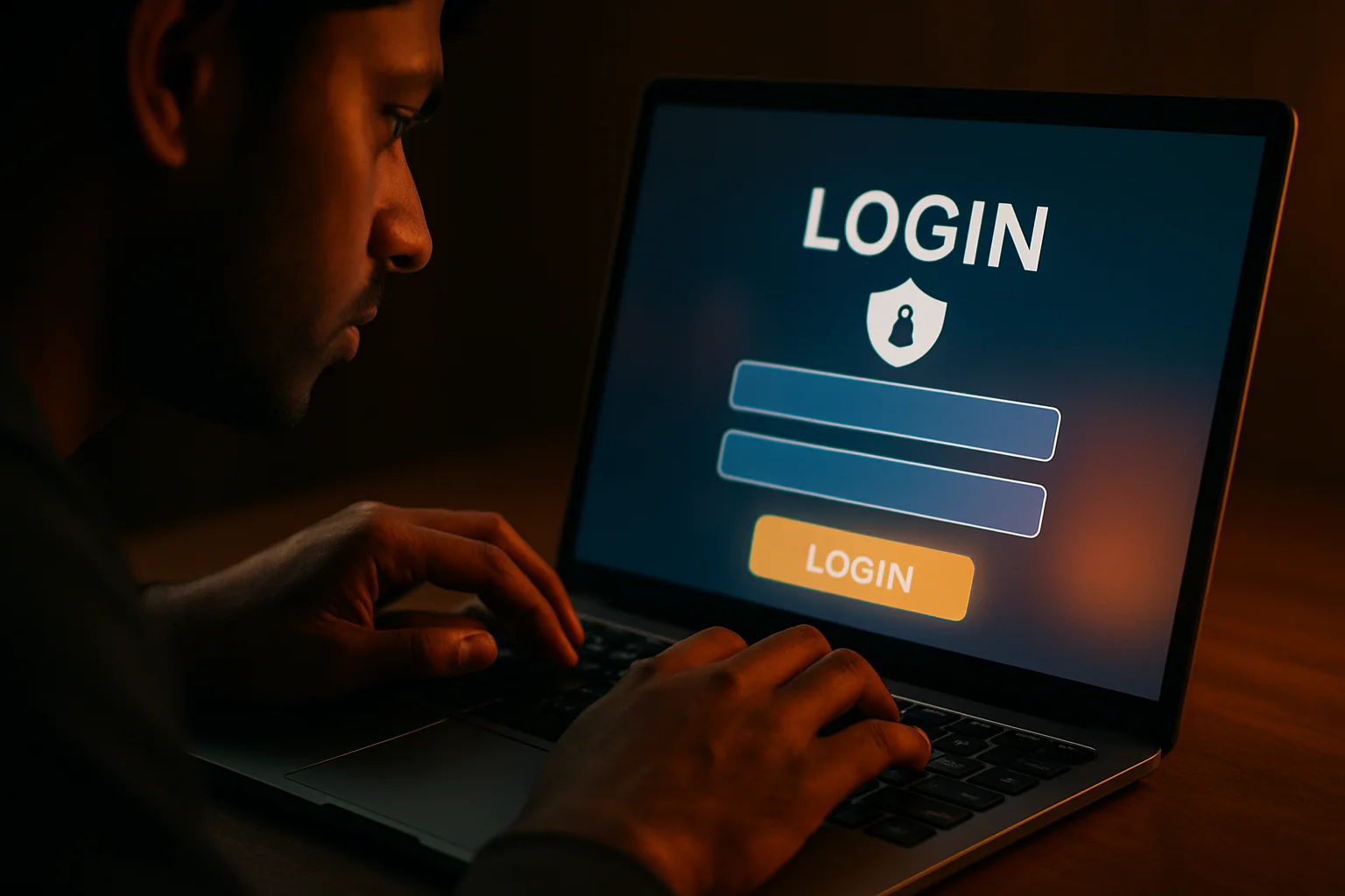 Young Bangladeshi man's hands on laptop showing LOGIN sign-in screen