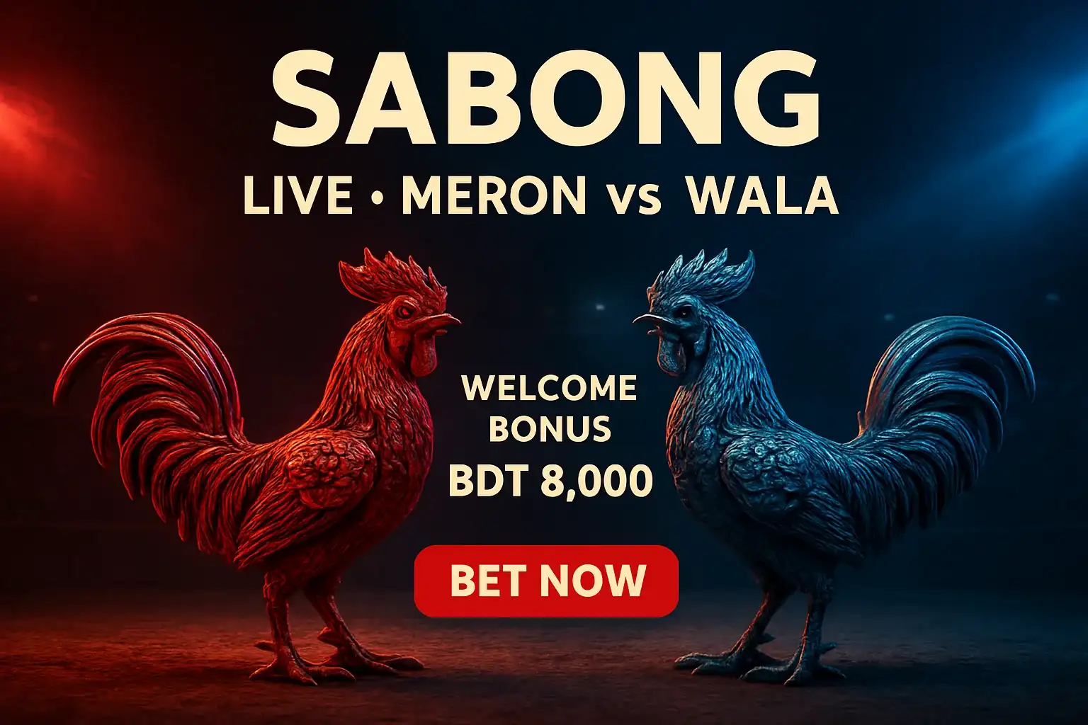 Live sabong banner with decorative rooster figurines and bonus offer
