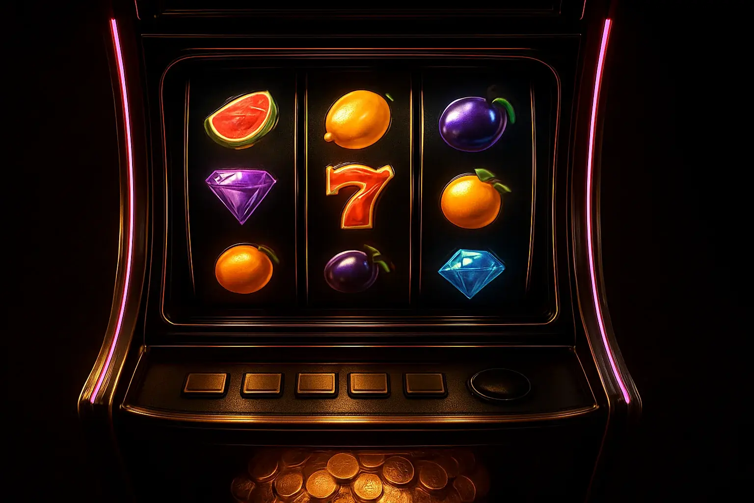 Premium slot machine with three vertical reels in a dark luxury casino