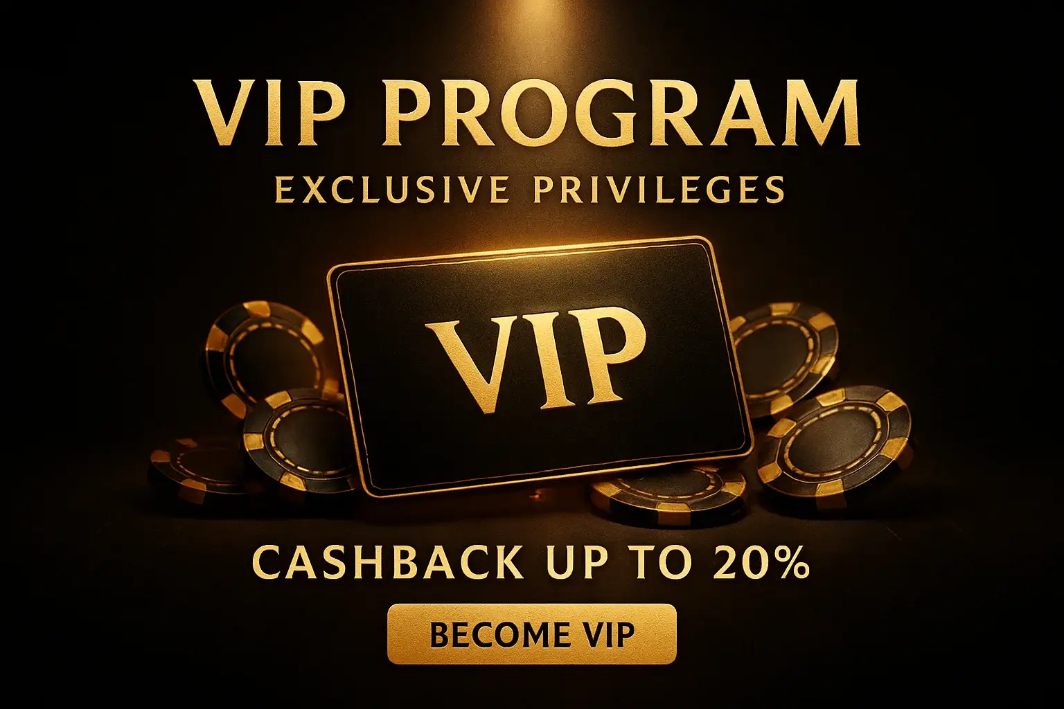 Luxurious casino VIP program banner with golden card, chips, and spotlight
